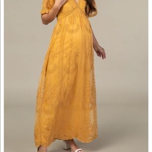 PinkBlush Mustard Lace Mesh Overlay Maternity Maxi Dress